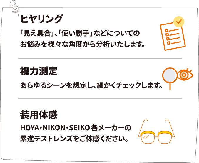 ヒヤリング、視力測定、装用体感